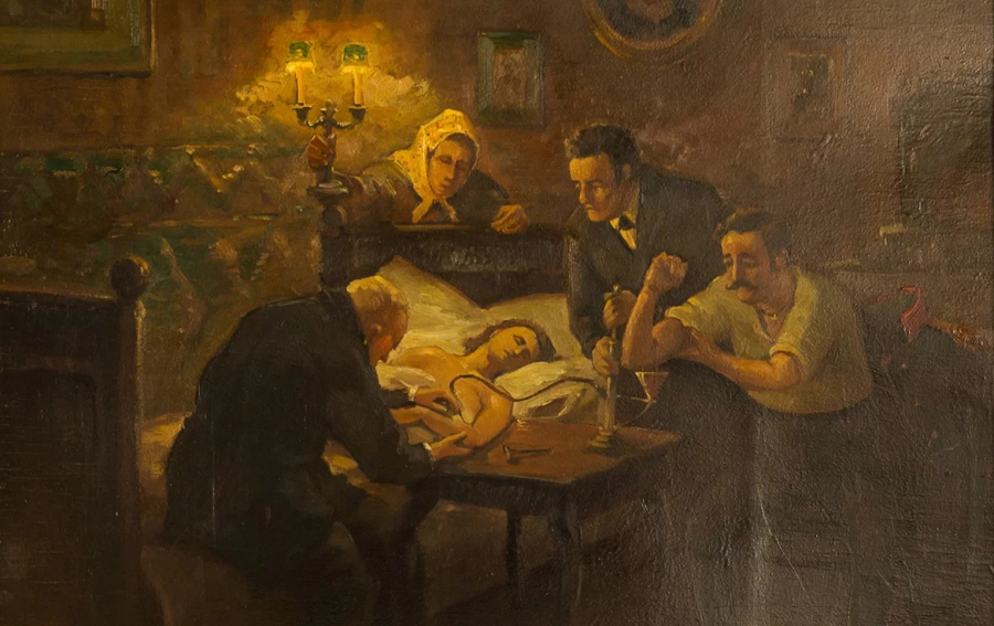 A painting from the collection of MVM, which depicts a blood transfusion using a tube from one person to another - a patient