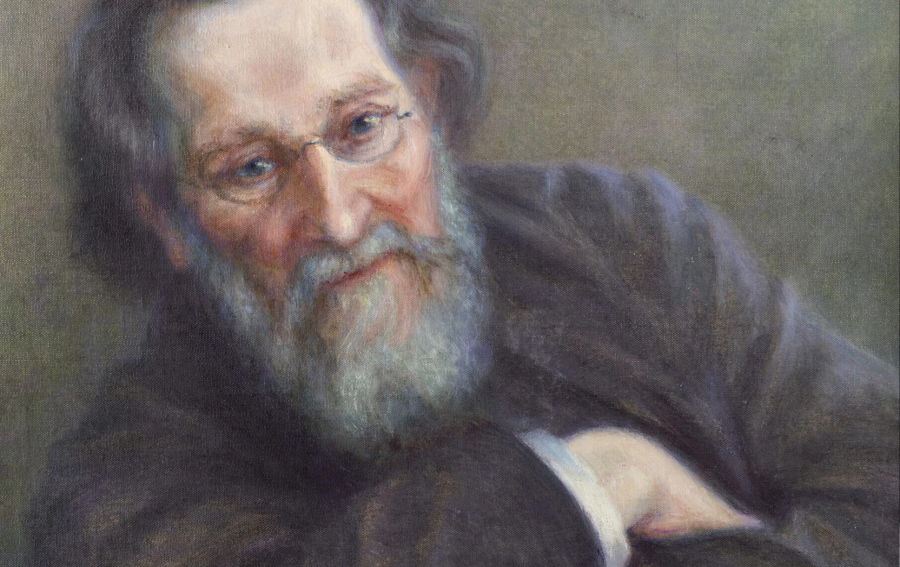 Painting of Ilya Mechnikov. A man with medium-length brown-gray hair, round glasses and a longer, gray beard.