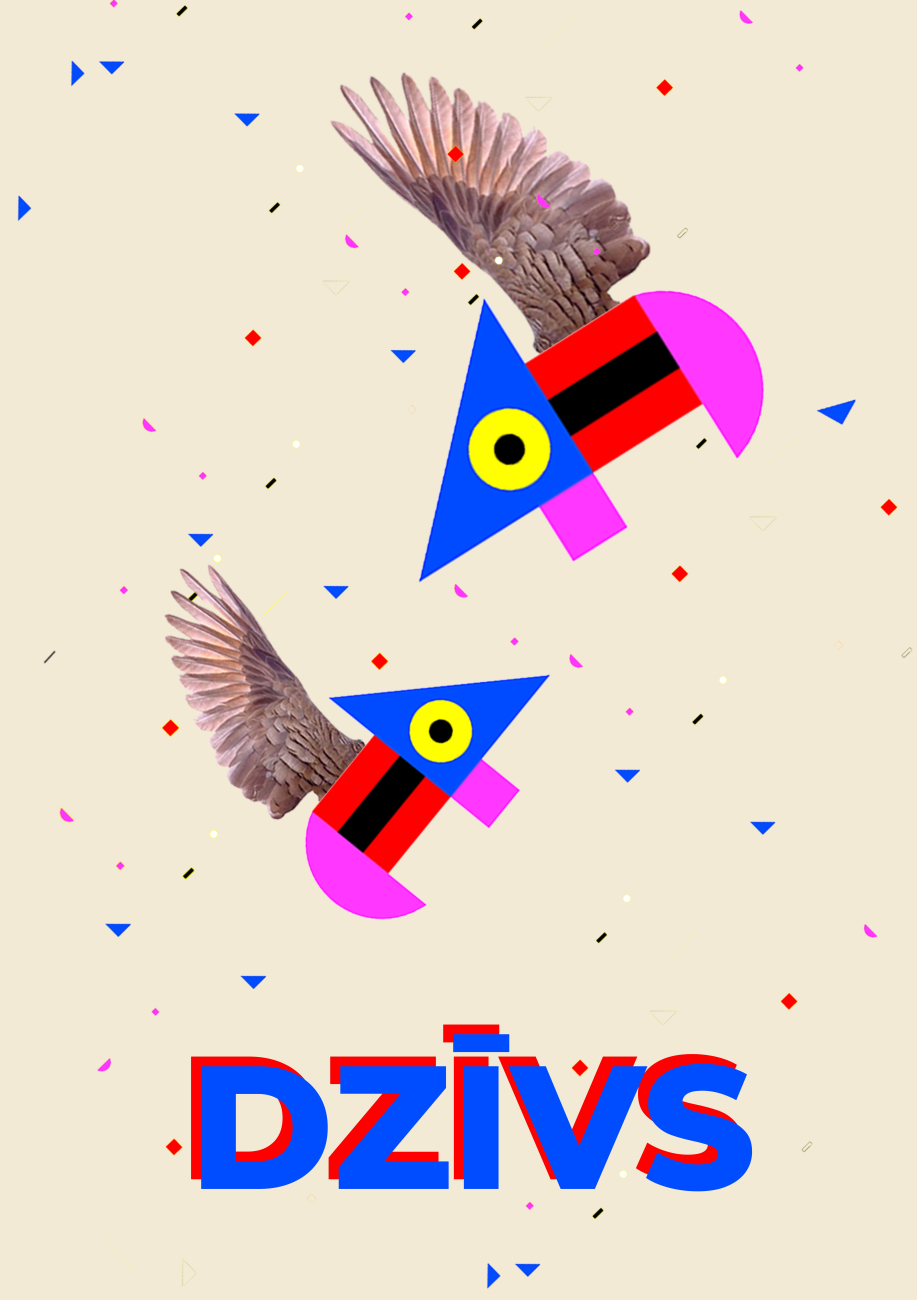 A graphic image with geometric shapes and real bird wings that together create an abstract shape of a flying animal. A beige background with small geometric shapes that resemble confetti. Text at the bottom - LIFE (in Latvian).