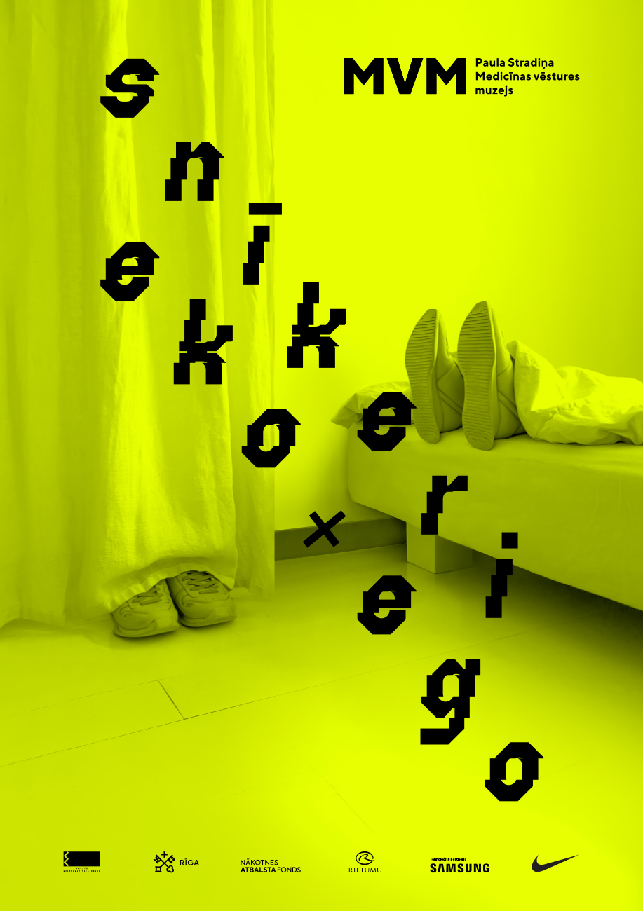 Sneaker exhibition poster featuring the title, sponsors, and a background image of two pairs of sneakers. One pair is hidden behind a curtain, the other is on the bed under a blanket. The entire image is colored in neon yellow.