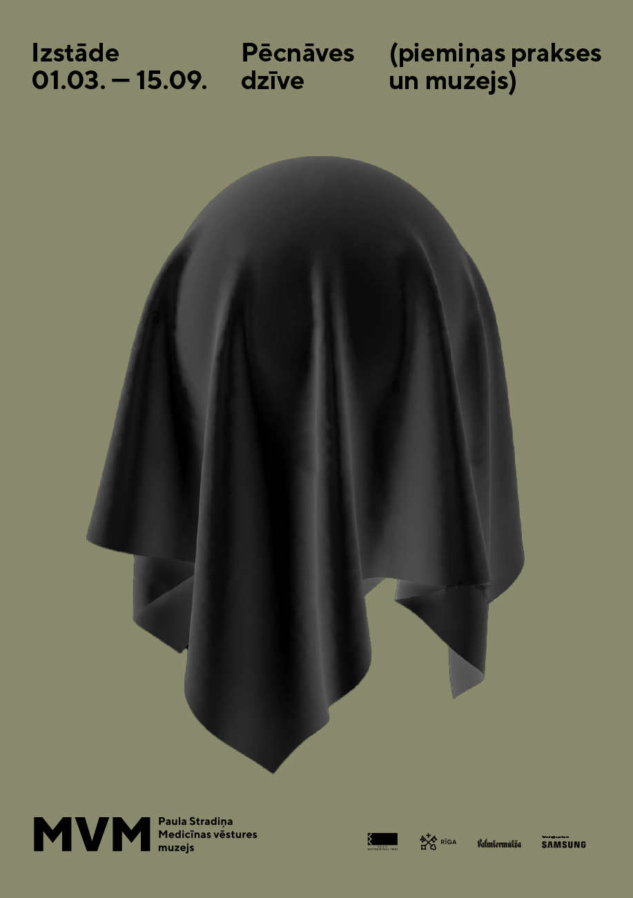 A promotional poster for an exhibition with a black fabric draped over an invisible figure, creating a ghost-like shape, set against a dark green background with white and black text advertising the event dates and sponsors.
