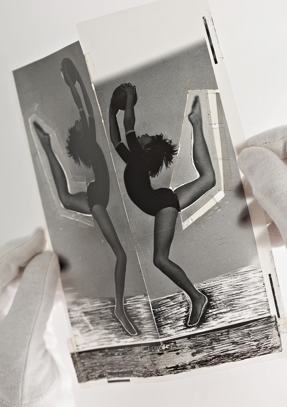 The image shows a black and white photo collage of a gymnast holding a ball above her head, holding it in both hands, and raising her bent right leg in the air behind her