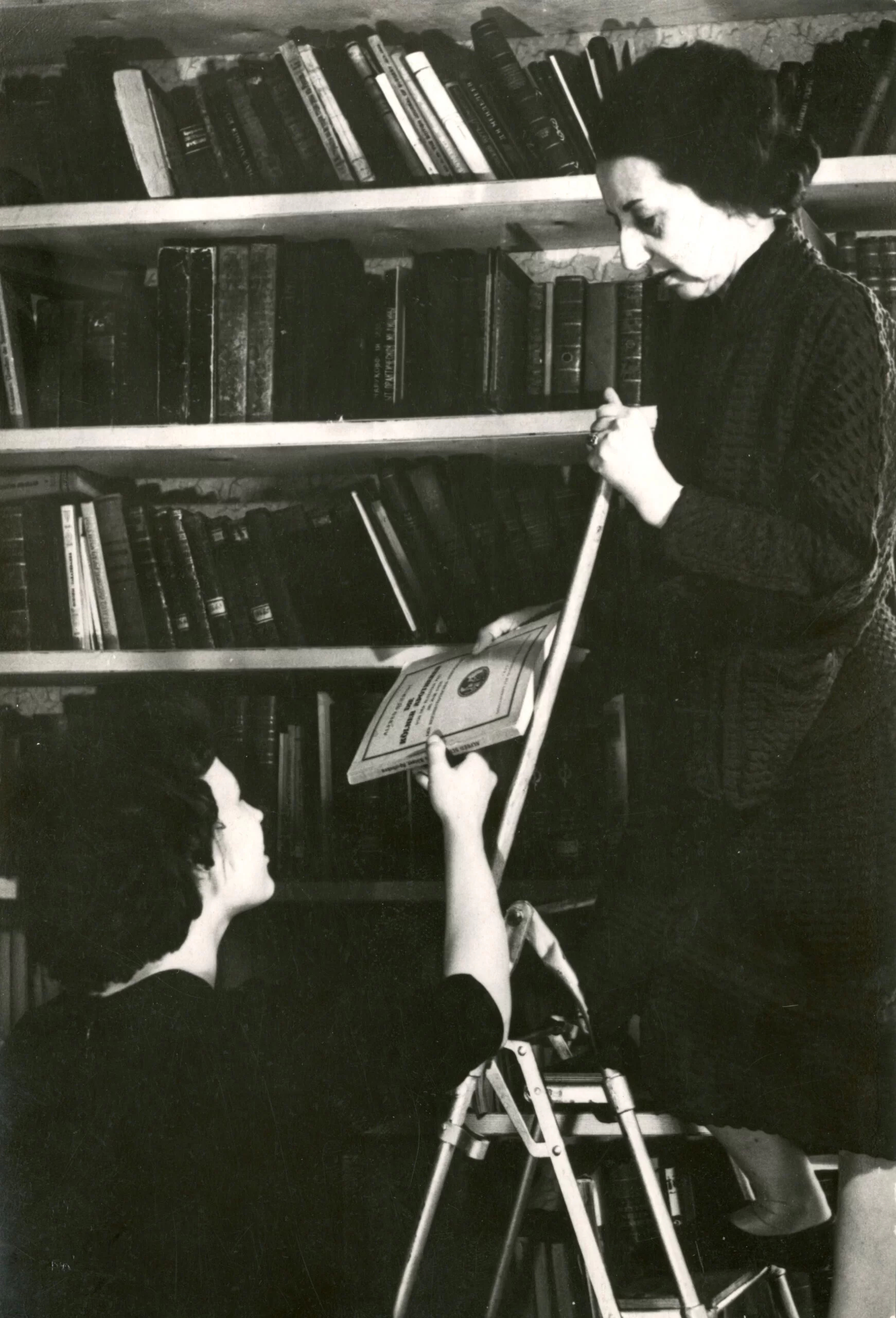 Fotogrāfija no muzeja bibliotekas. Redzamas divas sievietes, viena pakāpusies uz kāpnēm un padod grāmatu otrai. Fonā redzams liels plaukts, pilns ar grāmatām.